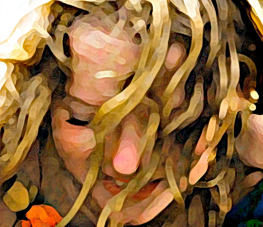 Photomanipulated illustration of blond girl smiling and looking down