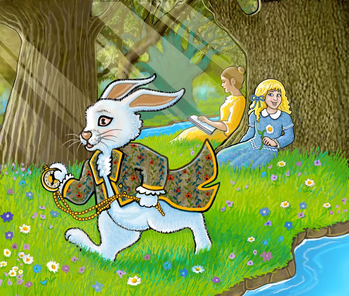 Alice watches a white rabbit holding a pocket watch rush off to an inportant engagement