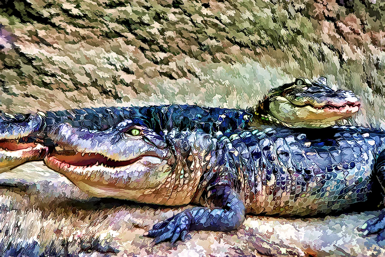 An illustration of aligators looking at the camera with their jaws slightly open