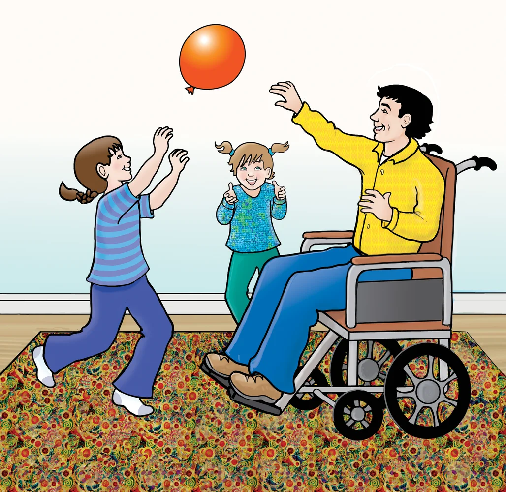 A family of two children and a father in a wheelchair plays with a red balloon.