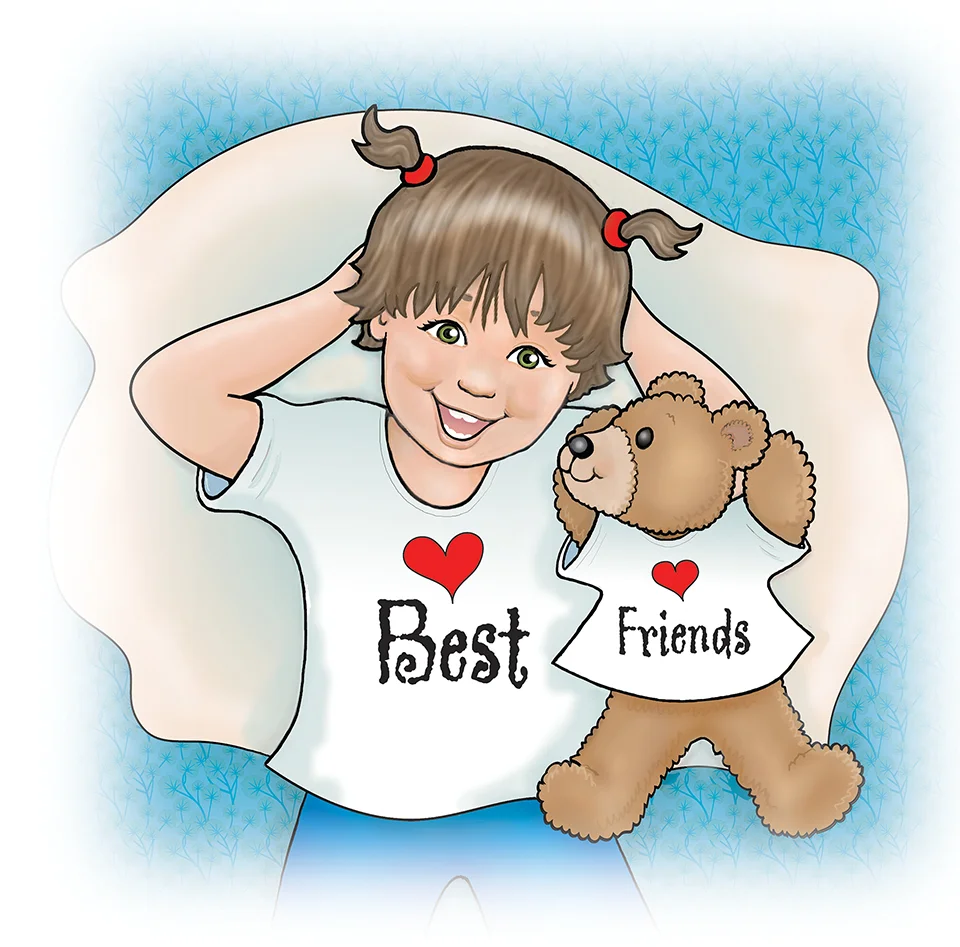 A girl and her teddy bear showing off their matching t-shirts