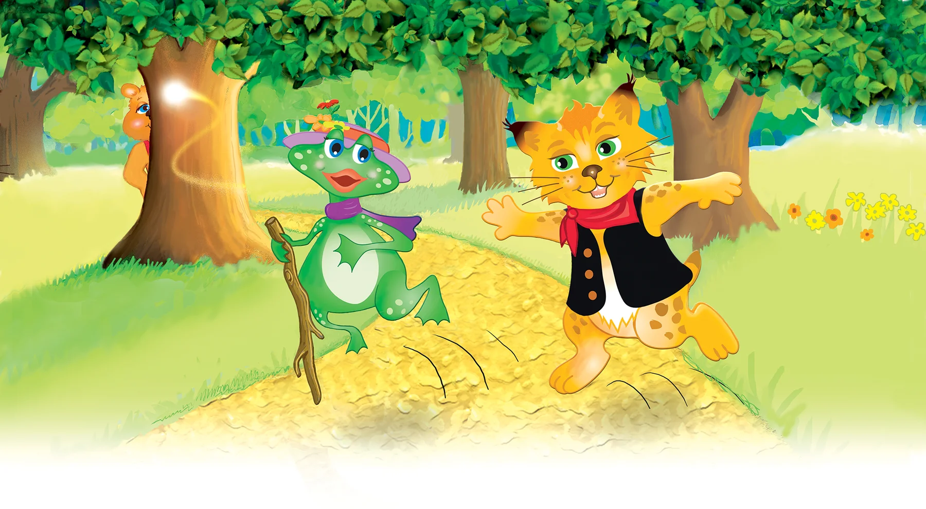 A frog and a cat enjoy a walk in the woods.
