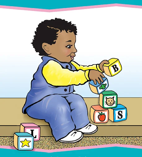 A toddler playing with a stack of wooden letter blocks