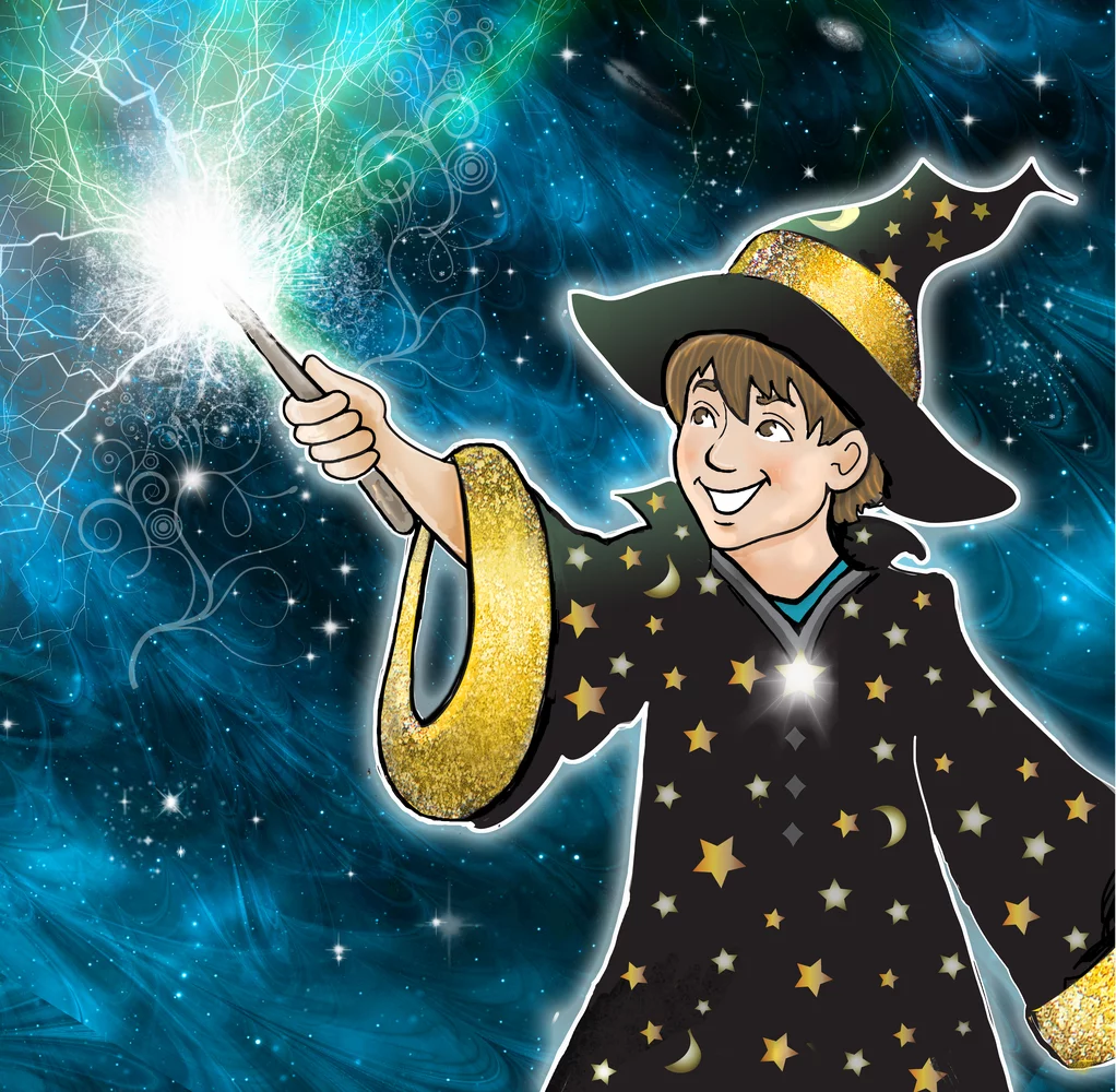 A spot illustration featuring a boy waving a wand and casting a spell