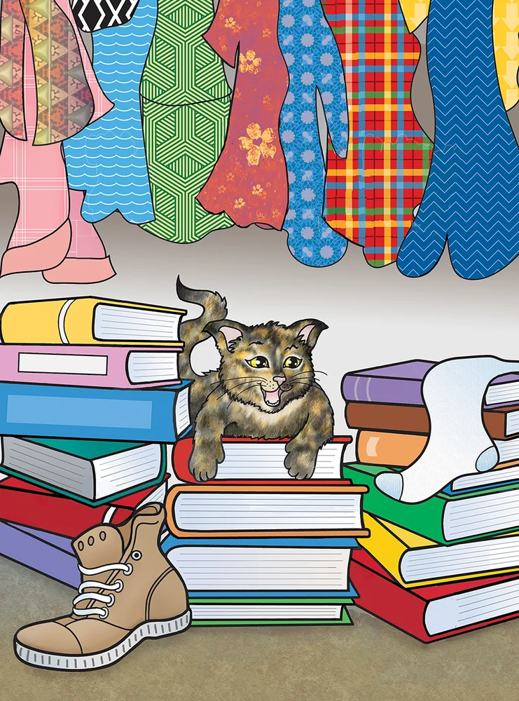 A cat hiding in a closet.