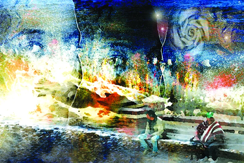 Composite photo of people sitting on the street, city lights, and a person's face.