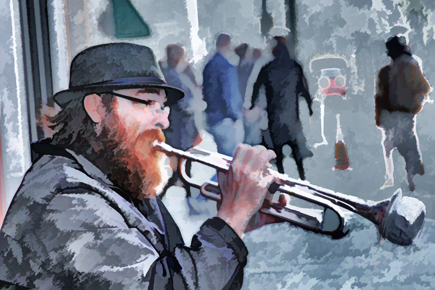 A bearded busker playing a muted trombone on the city streets