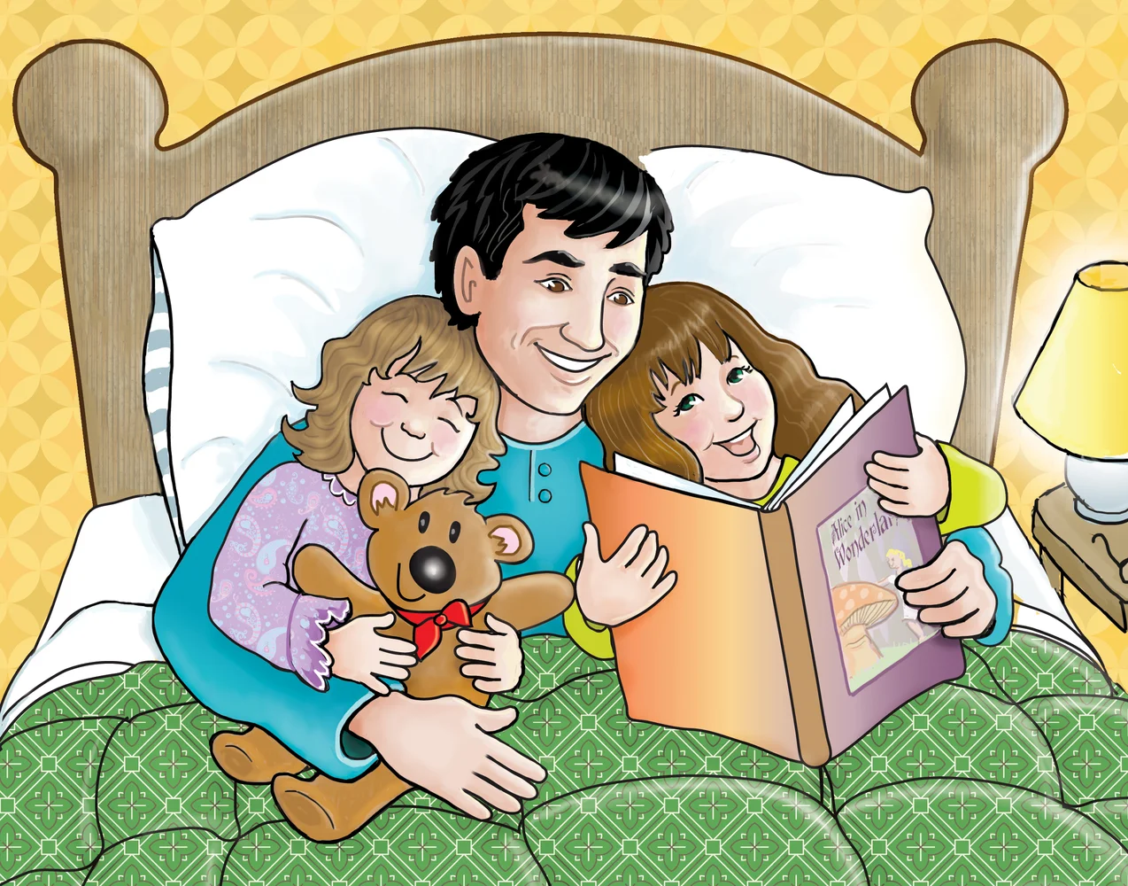 A father reading two children a bed time story