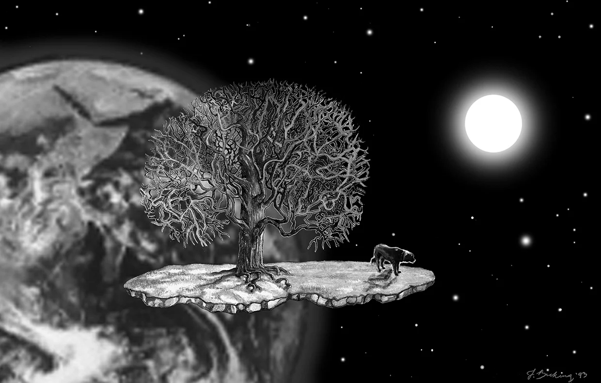 A tree growing on a spit of land in space.