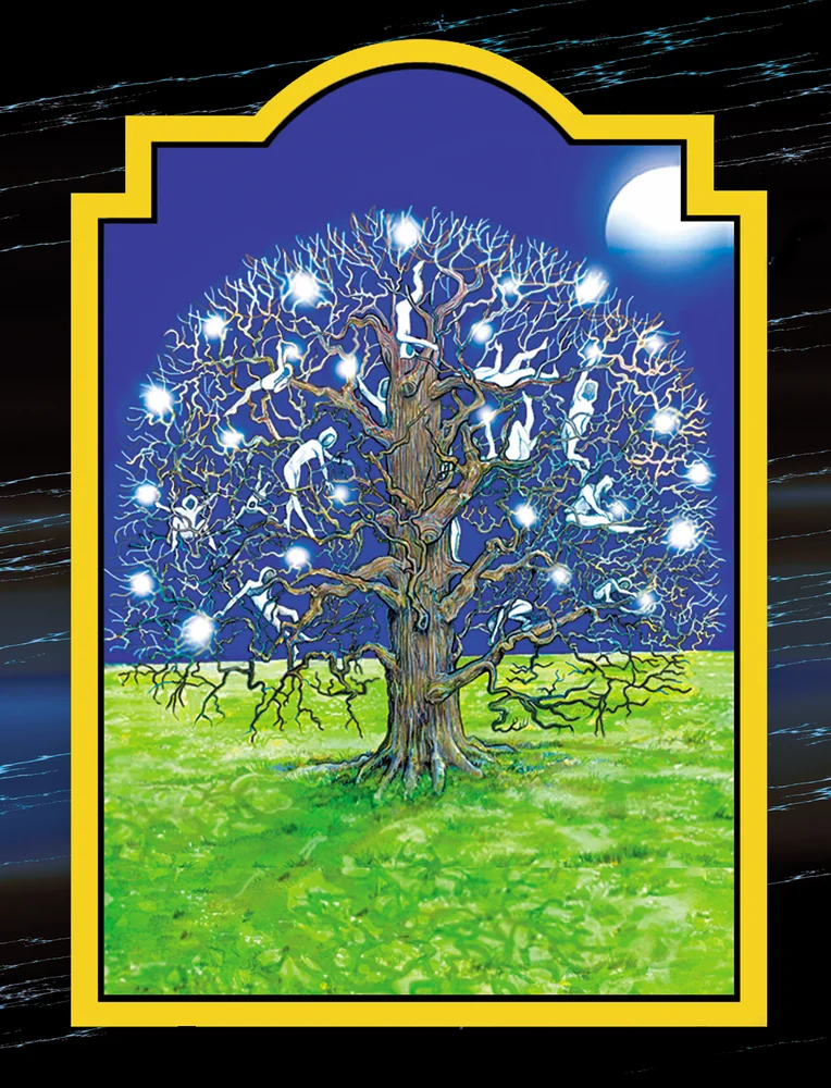 An illustration of people made of light climbing in a tree.