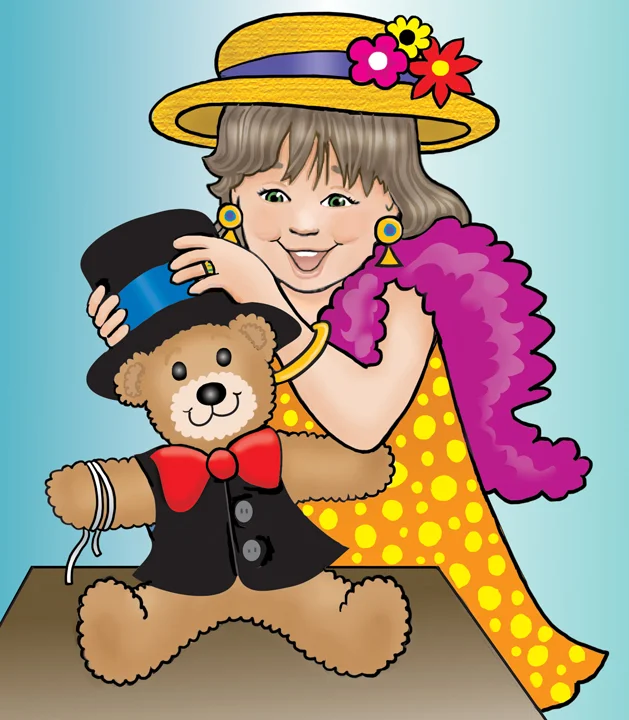 A girl and her teddy bear play dress up