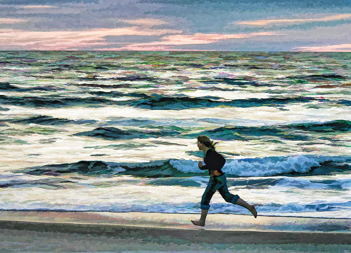 A young woman running along the shore a beach