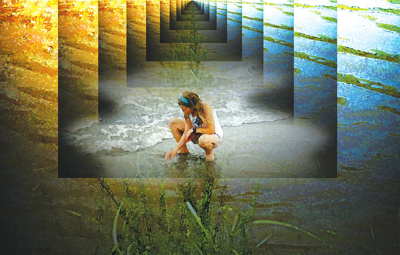 A woman crouched on a beach with an overlay of photomanipulated waves