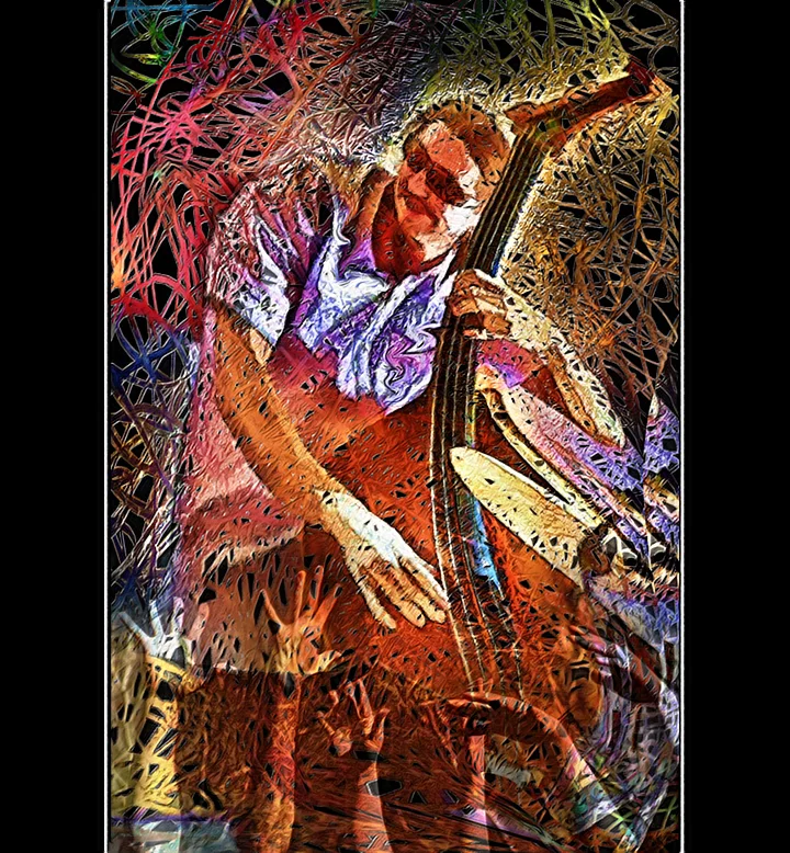 A standup bass player in a stylized illustration