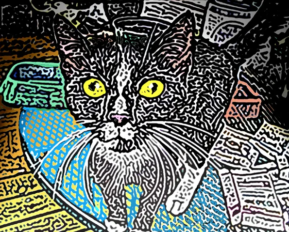 A black cat staring at the camera in a manipulated illustration