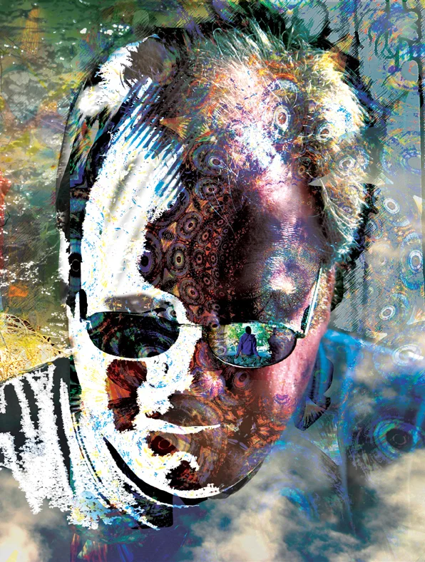 A stulized image of a man wearing sunglasses with photomanipulated overlays and images.