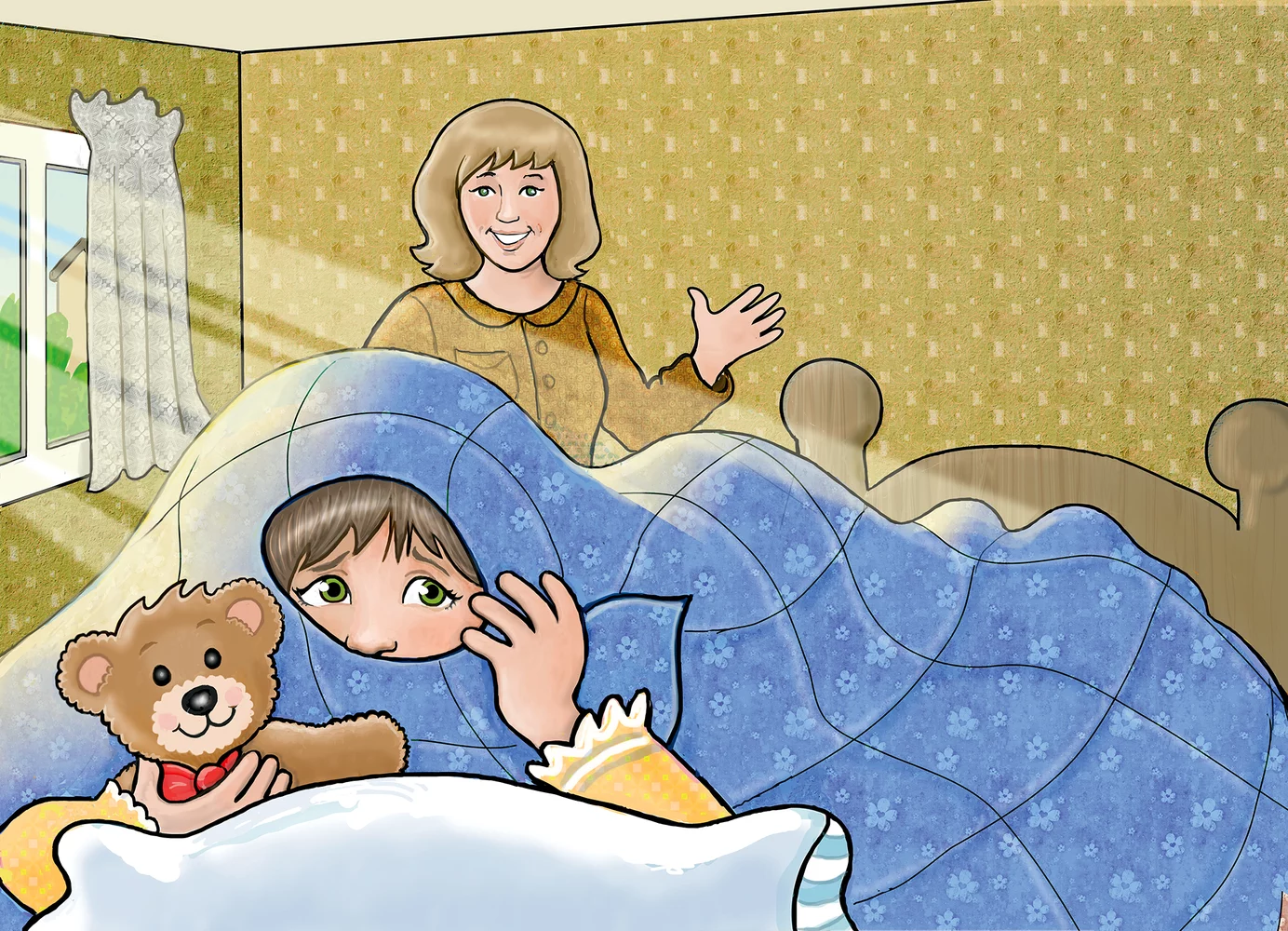 Boy hides under covers as mother opens blinds.