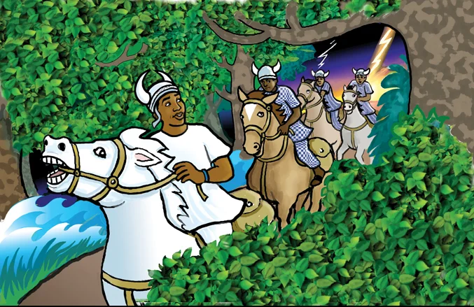 A band of men on horseback charge into the forest.