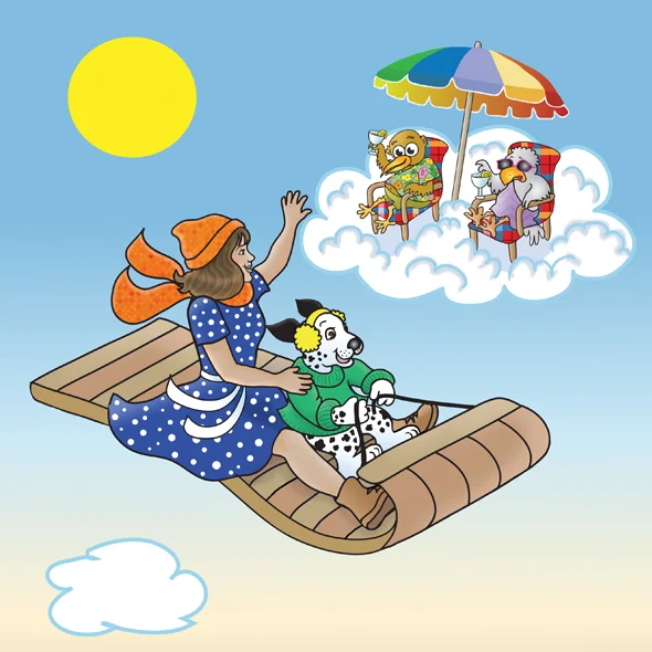 A woman riding a sleigh with a dalmation wave to two birds who are taking a vacation on a cloud.