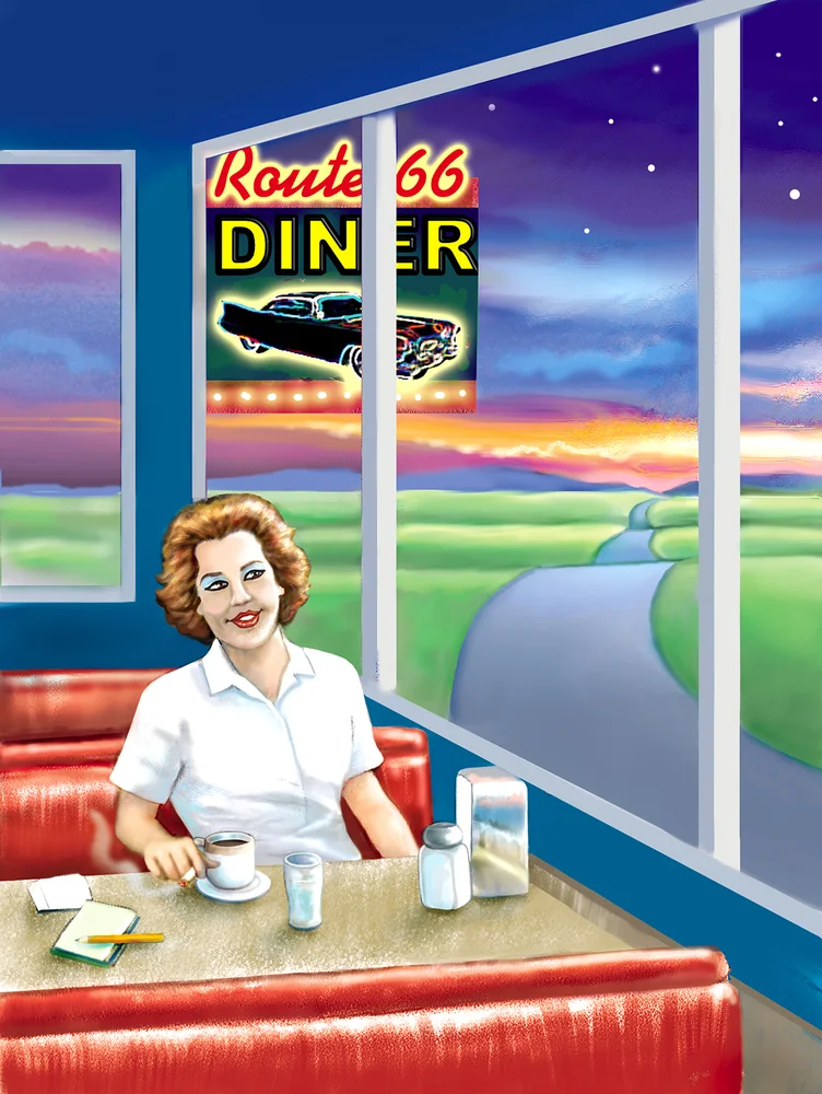 A waitress at a small roadside diner taking a smoke break