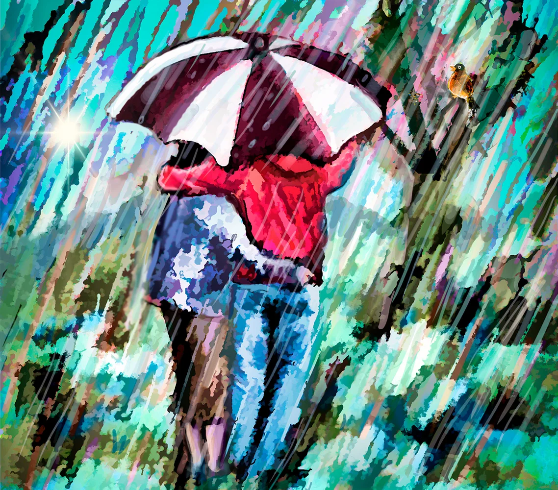 Two people taking shelter under an umbrella during a rainstorm