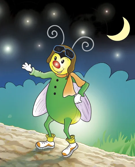 Illustration of a firefly as a children's book character.