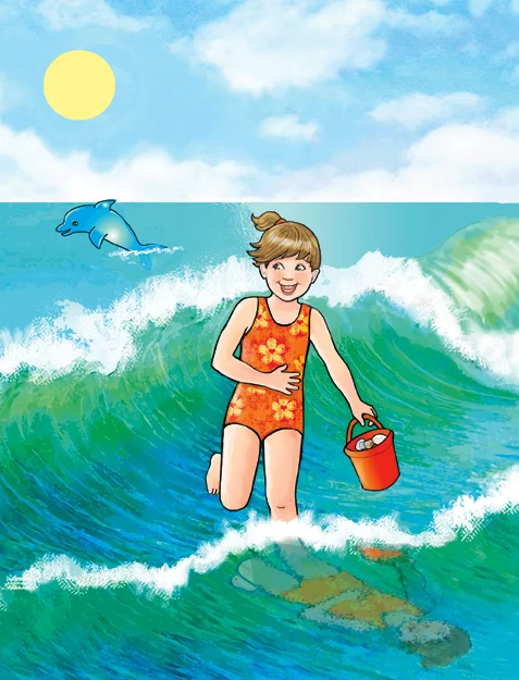 A girl with a pail playing in the waves at a beach.