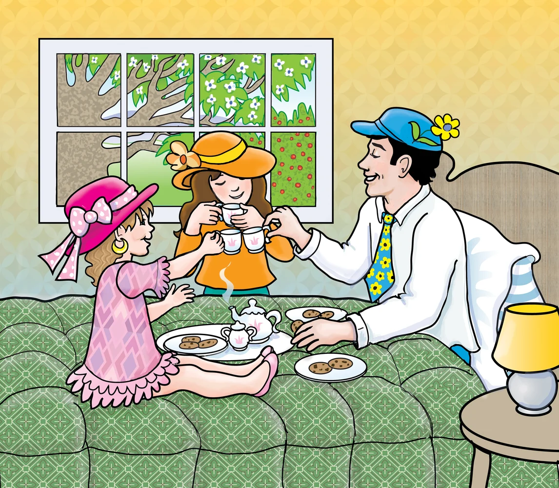 A father and his young daughters enjoy a fanciful tea party