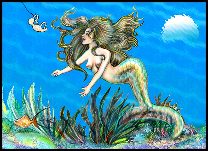 A mermaid staring at a fishing line with a bra on the hook
