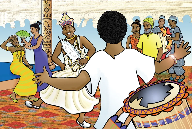 A man popps out of a magical drum, much to the surprise of his family.