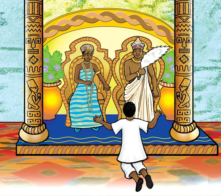 A man makes a request to the king and queen