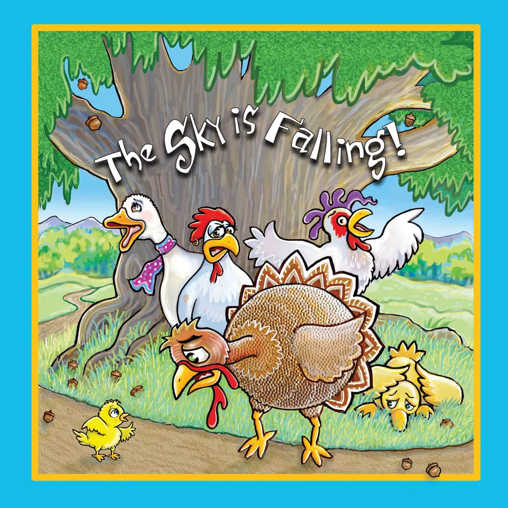 Four chickens underneath a tree insisting that the sky is falling