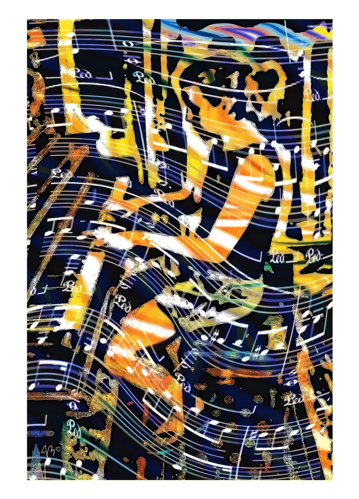 A woman playing the piano with an overlay of music notes.