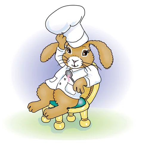 A spot illustration of a hard working rabbit wearing a baker's outfit.