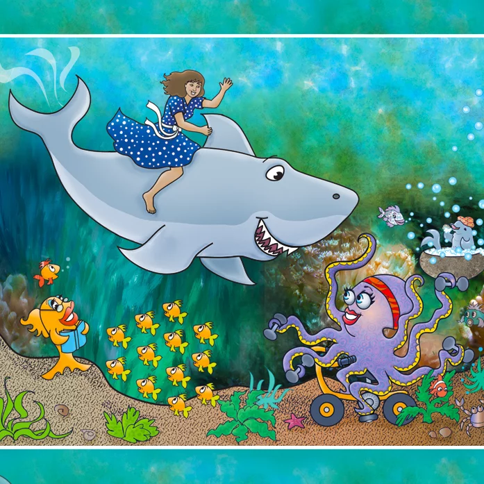 A woman takes an undersea adventure on the back of a shark