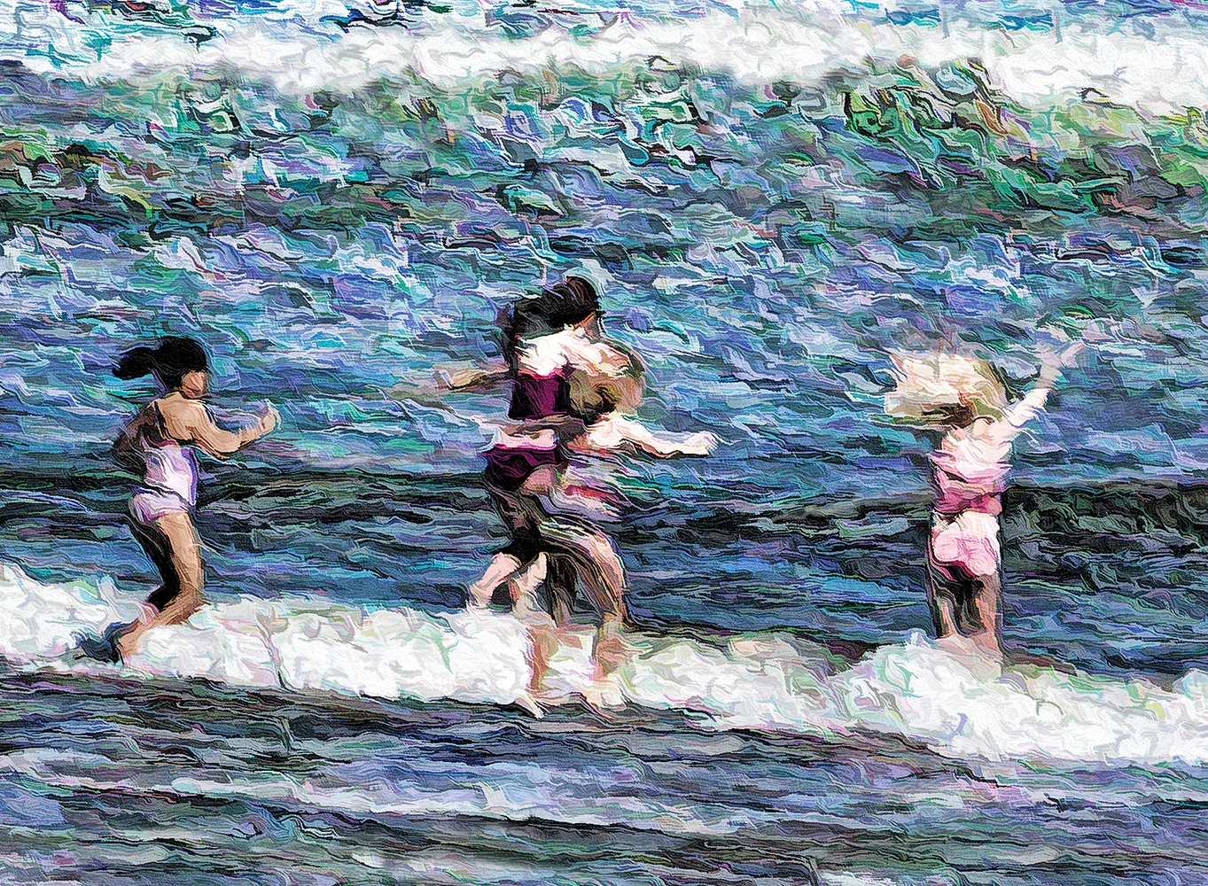 Four girls jumping into the waves