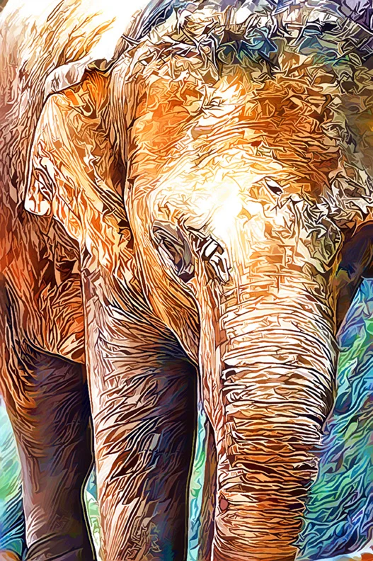 An elephant illustrated in the style of an oil painting.